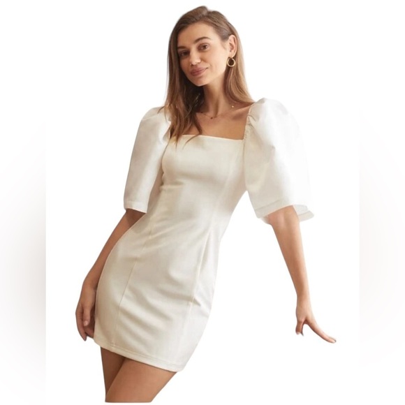 AEL Amy Enjoy Life White Square Neck Short Puff Sleeves Elegant Dress Size L - Picture 2 of 16